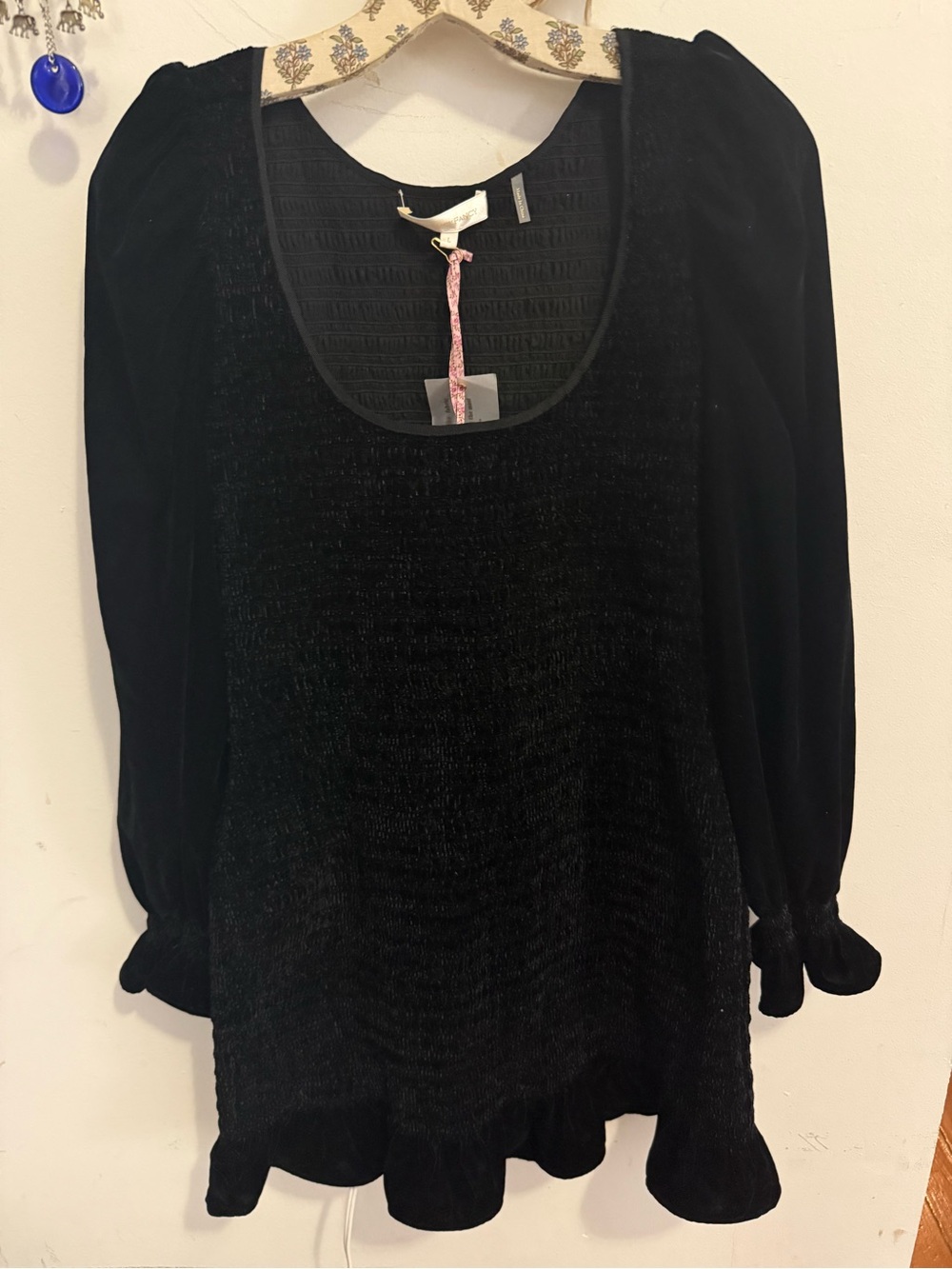 NWT LoveShackFancy Dorset Dress Black Velvet Smocked Mini Dress Size L $495
